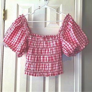 English Factory Top Large Check‎ Smocked Puff Sleeves Gingham